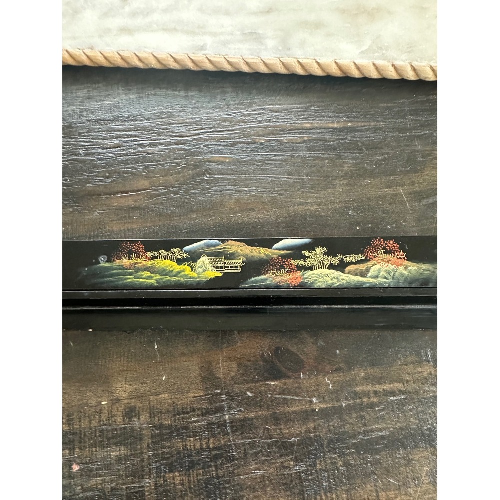 Vintage Black Lacquer Mahjong Tile Rack Hinged Counter Storage Gold Landscape